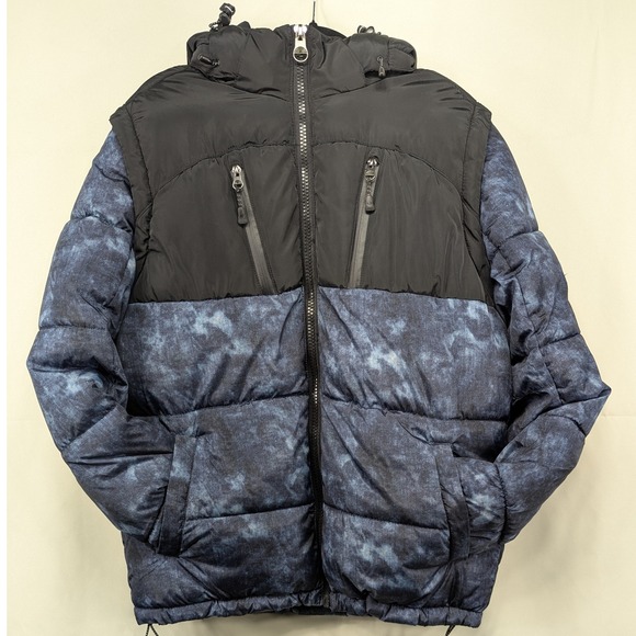 Southpole Mens Puffer Jacket with Hood Blue/Black Full Zip Size M - Picture 1 of 8